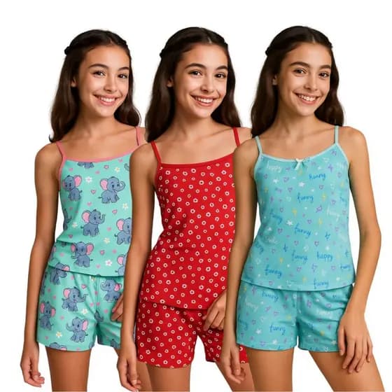 Kit 5 com Pijamas em Poliéster Estampado Infantil Baby Dool Roupa de Dormir Conforto para as Meninas