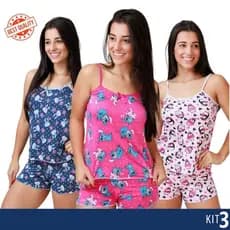 Kit com 3 Pijamas Baby Doll Feminino  em Poliéster  Estampado Short Dool Adulto mais Conforto para Dormir Linha Noite.