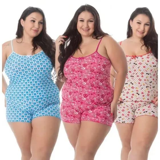 Kit 2 Conjunto Baby Doll Plus Size Estampado em Poliéster Short Feminino Extra Grande Conforto ao Dormir