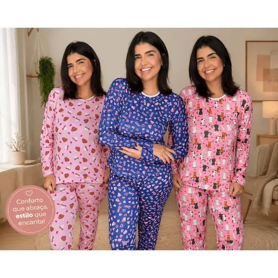 Pijama de Inverno Feminino Estampado Roupa de Dormir Super Confortável
