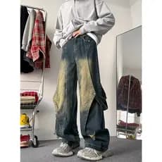 Solto perna larga americano Retro gradiente Jeans masculino street Wear High street em linha reta calças finas primavera