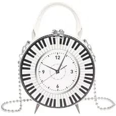 Bolsa Redonda Com Mostrador De Relógio Feminino , Novidade , Retrô , Preto , Branco , Piano , Despertador , De Ombro , C