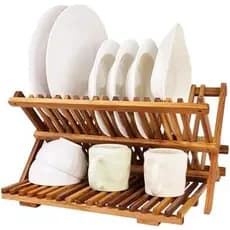 Rack De Secagem De Pratos De Madeira De Teca Dobrável De 3 Camadas Utoplike , Ralo Grande Capacidade , Organizador De Co