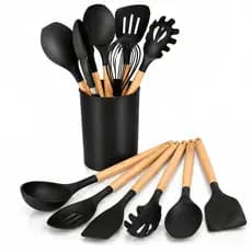 Kit 12 Utensílios Silicone Cabo Madeira Suporte Cozinha Premium