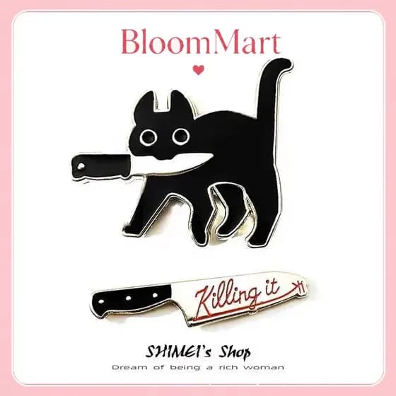 T Trendy Único Gatinho com Faca Bonito Criativo Broche de Liga Japonesa Faca Decoração de Crachá de Gato Preto