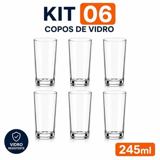 Jogo de 6 Copos de Vidro 245ml – Copo Alto Resistente para Água, Suco, Drinks e Refrigerante