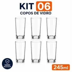Jogo de 6 Copos de Vidro 245ml – Copo Alto Resistente para Água, Suco, Drinks e Refrigerante