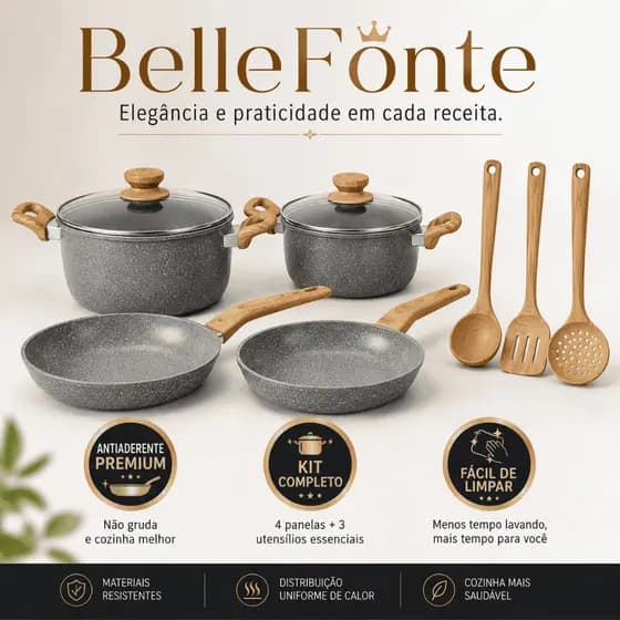 Kit Panelas Antiaderente BelleFonte 4 Peças com Utensílios Cozinha Completo Premium