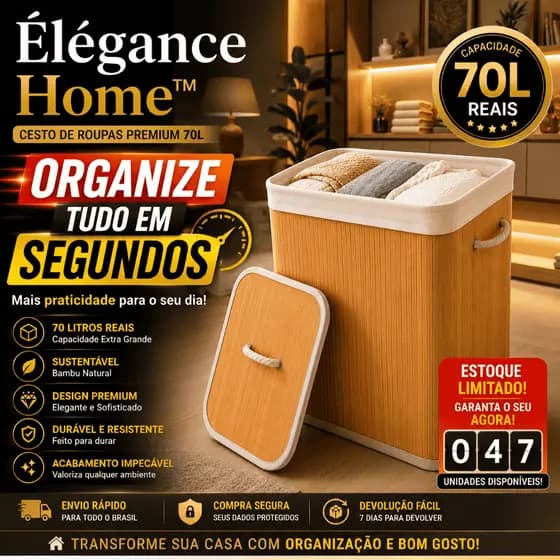 Cesto de Roupas Bambu 70L com Tampa Organizador Lavanderia Closet Premium
