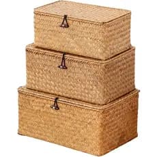 Cesto de Armazenamento Nonam com Tampa, Conjunto de 3 Cestos de Palha Natural com Tampa, Cestos de Prateleira Multiuso p