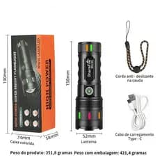 Lanterna Laser Branco Recarregável USB-C Zoom Alto Brilho 500m  À Prova D'água Emergência e Camping