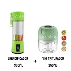 Kit Mini Liquidificador Portátil 380ml + 250ml Mini Processador 3 lâminas