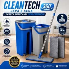 Mop Lava e Seca Flat Com Balde 5L + 2 Refis Microfibra CleanTech 360™