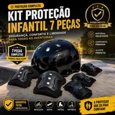 KIT PROTEÇÃO INFANTIL CAPACETE 7 PEÇAS AJUSTÁVEL BIKE SKATE PATINS PRETO