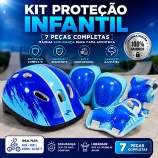 KIT PROTEÇÃO INFANTIL 7 PEÇAS CAPACETE AJUSTÁVEL BIKE SKATE PATINS AZUL
