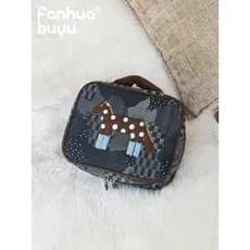 Fanhua sussurro dos desenhos animados cavalo bordado saco cosmético feminino Retro Denim quadrado zíper saco de armazena