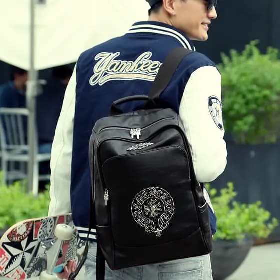 Mochila masculina de couro genuíno genuíno, mochila masculina de couro de grande capacidade, rebites de salgueiro, bolsa