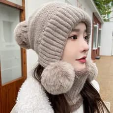 Coelho bola de lã chapéu de malha feminino outono inverno proteção de orelha mais veludo engrossado chapéu de lã Casual