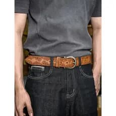 Cinto de couro masculino estilo cáqui retrô americano desgastado, moda única esculpida, feito à mão, fivela de sela, cin