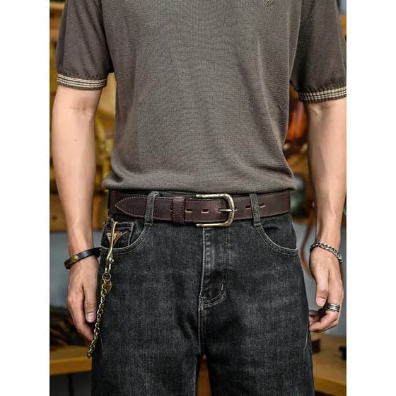 Estilo americano único Retro motocicleta primeira camada de couro Jeans masculino com cara resistente usar ferradura pin