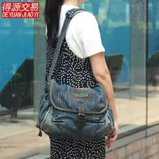 Ya Yagnu versão coreana senhoras Casual denim saco Retro plissado com aba de couro Diagonal um ombro denim saco na moda