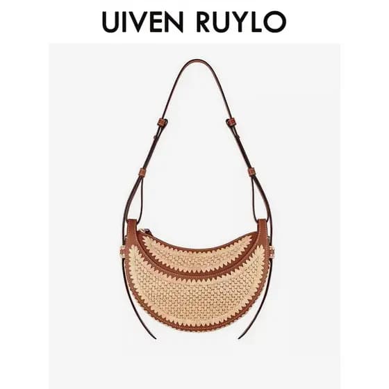 UIVEN RUYLO Bolsa Feminina Ráfia Tecido Bolsa Um Ombro Portátil Meia Lua Bolsa Estilo Férias Bolsa de Praia à beira-mar