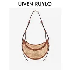 UIVEN RUYLO Bolsa Feminina Ráfia Tecido Bolsa Um Ombro Portátil Meia Lua Bolsa Estilo Férias Bolsa de Praia à beira-mar