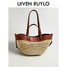 UIVEN RUYLO saco de palha costura tecido saco feminino portátil cesta vegetal grande capacidade à beira-mar férias praia