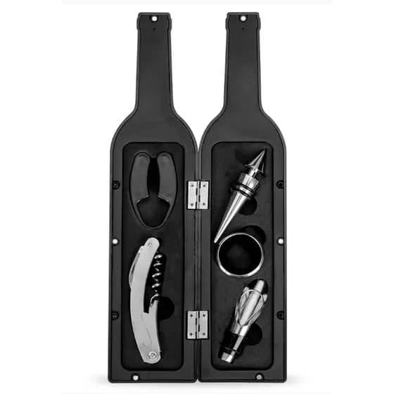 Kit Vinho 5 Peças Tampa de bico, Wine Collar, Bico condutor c/tampa, Saca-Rolhas com lâmina de corte e Abridor Cortador