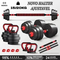 Kit Gym Lab Academia em Casa 15kg/20kg Halteres Ajustáveis Inclui Barra Longa e Presilhas de Segurança