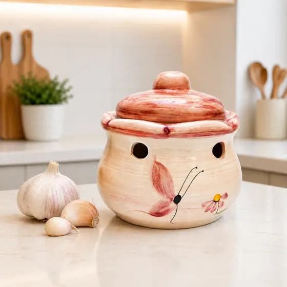 Porta Alho de Cerâmica com Tampa Premium / Pote Para Alho P/ Cozinha Decoração Presente
