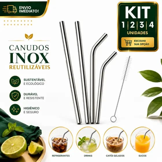 Conjunto de Canudos Inox 1/2/3/4 Reutilizáveis com Escova de Limpeza Aço Inoxidável Premium para Drinks Sucos Cafés