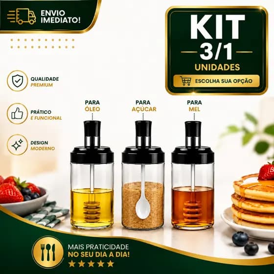 Dispenser 1/3 Porta Mel Açúcar e Óleo Com Pincel Silicone e Colher Dosadora Organizador Cozinha