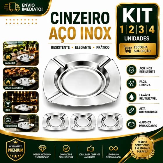 Cinzeiro Aço Inox Quadrado 11cm 1/2/3/4 Unidades Resistente Lavável Premium para Área Gourmet Bar Churrasqueira