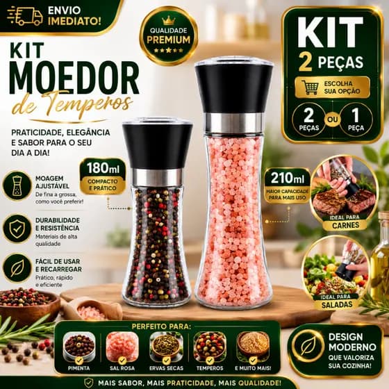 Moedor de Temperos 2 ou 1 Uni Manual 180ml e 210ml Regulável Sal Rosa Pimenta do Reino Vidro e Inox Premium