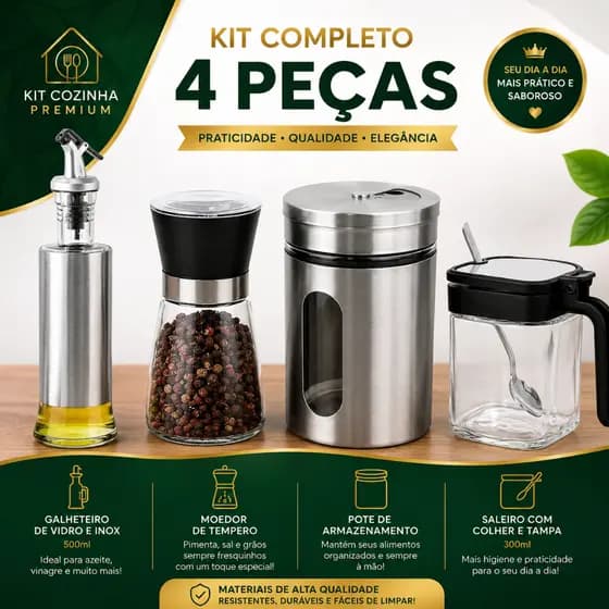 Conjunto Cozinha 4 Peças Galheteiro 500ML Moedor de Pimenta 180ML Porta Tempero Inox Com Visor Pote de Vidro 300ML