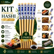 5 Pares de Hashi Bambu Premium Japonês Reutilizável Estampa Azul Antiderrapante Sushi Lámen Yakisoba Temaki