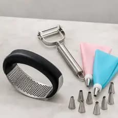 Kit Cozinha Completo Amassador de Alho Inox Descascador de Legumes Profissional + Kit Confeitaria 24 Peças
