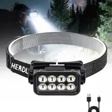 Lanterna de Cabeça Recarregável com Sensor, 8 LEDs, 5 Modos, Tipo-C, para Pesca, Camping e Trabalho