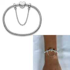Pulseira Para Berloques Prata 925 Banho Coração + Trava Pulseira Feminina Para Charms Banhada Prata