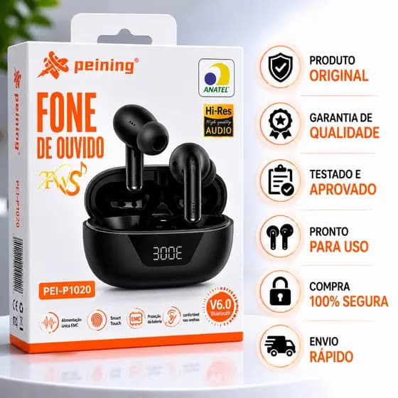 Fone de ouvido Bluetooth Sem Fio Peining Fone Bluetooth Sem Fio TWS Bluetooth 6.0 Som HD Display LED Touch AndroidiPhone