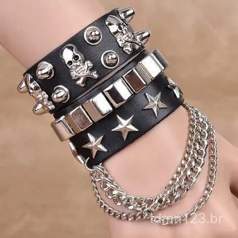 Pulseira Punk com Punho de Couro para Mulheres e Homens, Hip Hop, Multicamadas, Longa, Estilo de Rua