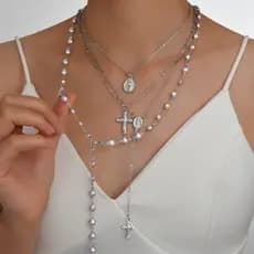 Boho Multi Camada Corrente Prata Cor Pérola Colar Feminino Hip Hop Jesus Cruz Pingente Conjunto Festa Pescoço Jóias