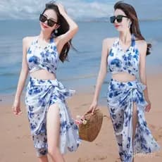 Roupa de banho feminina para férias na praia e nas águas termais, biquíni de duas peças, conjunto de três peças, roupa d