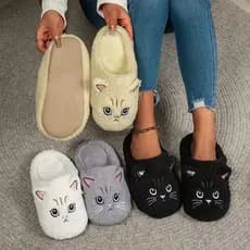 Chinelos femininos com estampa de gato, feitos de tecido macio e felpudo, adequados para uso na primavera e no outono, c