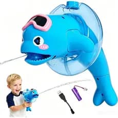 Pistola de Água Elétrica para Crianças - Brinquedo de Água Automático Blue Dolphin com Som e Luz, Alcance de 32 Pés, Bri