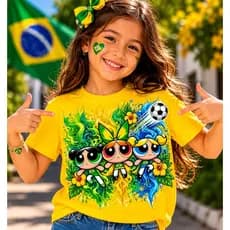 Camiseta Infantil Brasil Copa 2026 Meninas Superpoderosas Torcida Futebol Estampa Colorida