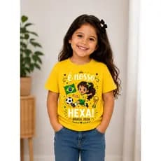 Camiseta Infantil Feminina É Nosso Hexa Brasil 2026 Torcida Copa do Mundo Estampa Exclusiva
