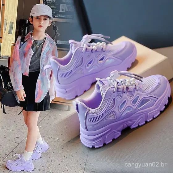 Novos sapatos para meninas, tênis esportivos infantis, sapatos de verão para meninas em malha respirável prateada, sapat
