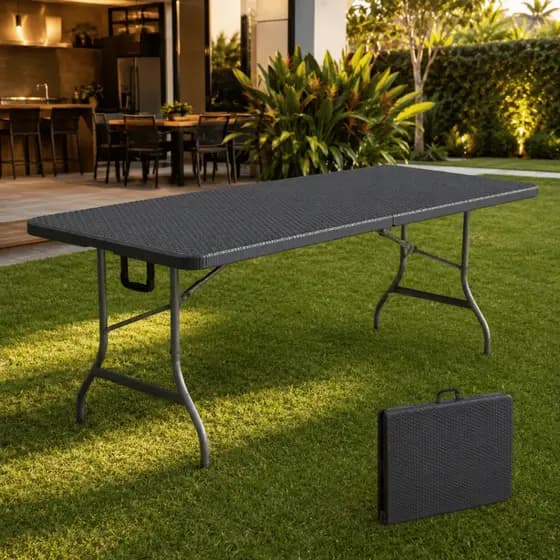 Mesa Dobrável Preta 1,80m Vira Maleta Portátil Plástico Reforçado Alça Camping Churrasco Nakasaki